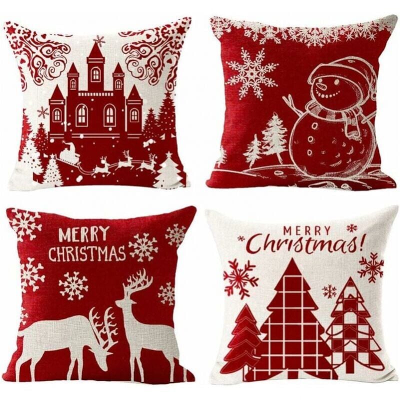 foto del prodotto set di 4 federe per cuscini merry christmas in cotone e lino, motivo invernale con alce, castello e pupazzo di neve, decorazione per divano, camera