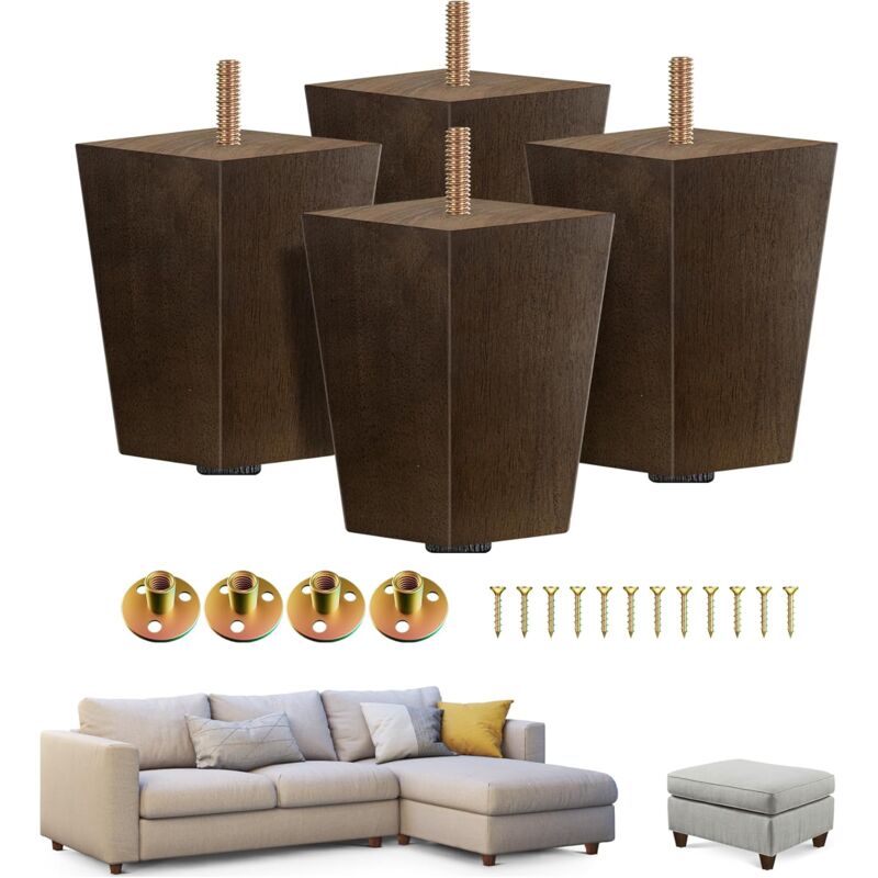foto del prodotto set di 4 gambe per mobili in legno quadrato da 4 pollici circa 10,2 cm , gambe di ricambio per divani marroni, gambe moderne di met secolo per