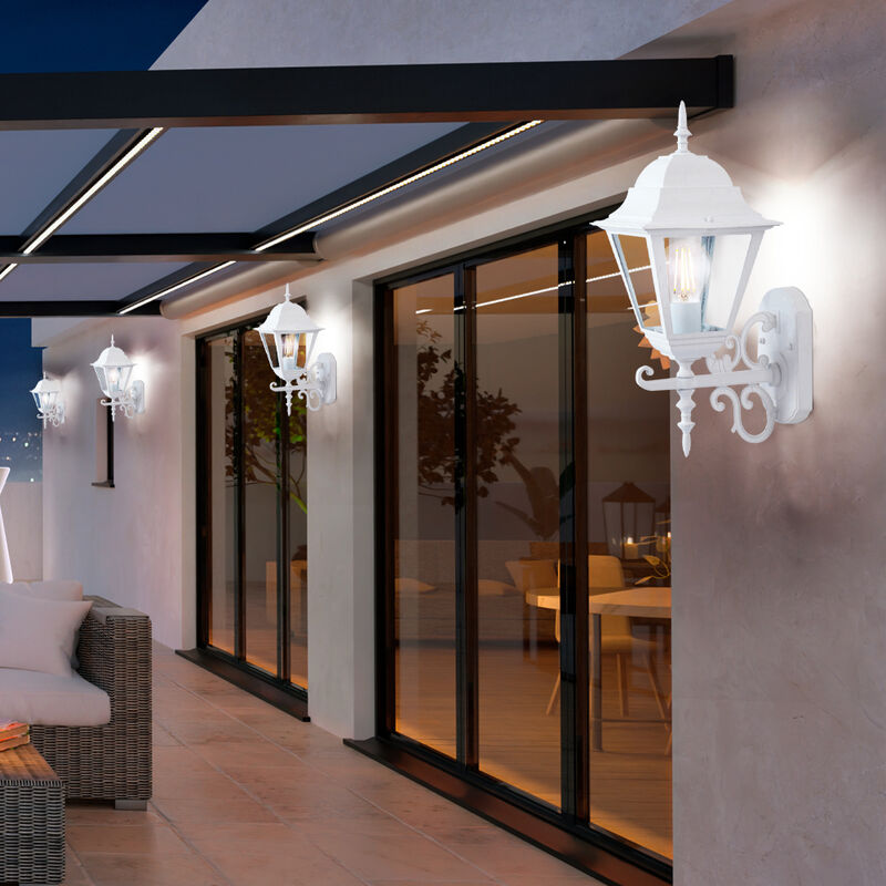 foto del prodotto set di 4 lanterne applique da parete per casa in vetro bianco stile antico faretti da giardino in alluminio luci nere