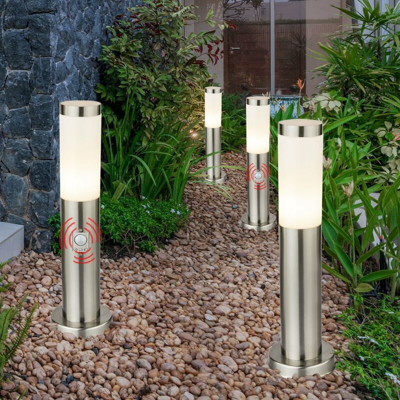 foto del prodotto set di 4 luci da terra illuminazione percorso esterno lampade da terra in acciaio inox rilevatore di movimento ip44 e27