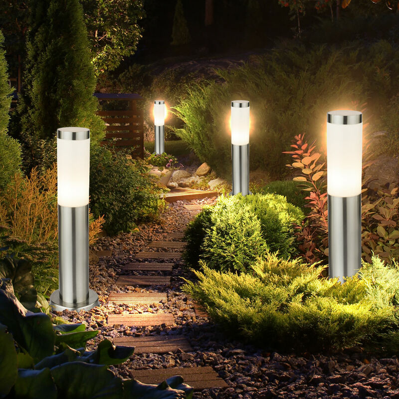 foto del prodotto set di 4 luci da terra in acciaio inox illuminazione per esterni lampade da terra ip44 argento faretti e27 luci
