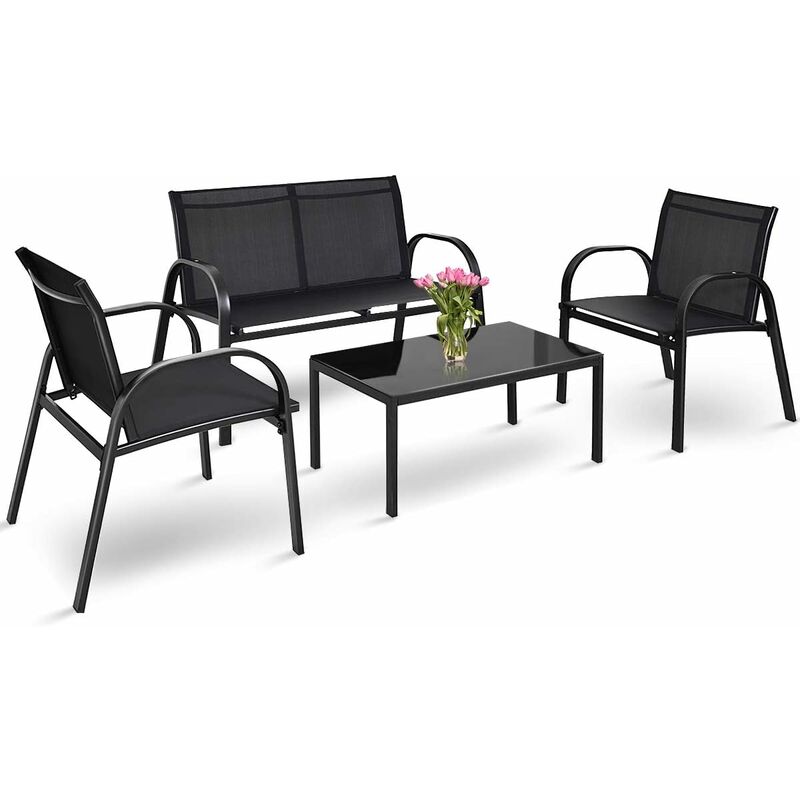 foto del prodotto set di 4 mobili da giardino con tavolino, panchina e 2 sedie, con struttura robusta, in materiale impermeabile e anti uv, uso esterno e interno per