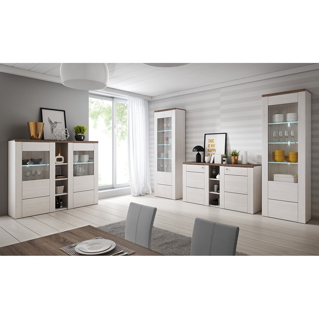 foto del prodotto set di 4 mobili da soggiorno collezione santiago. color bianco effetto legno e quercia.