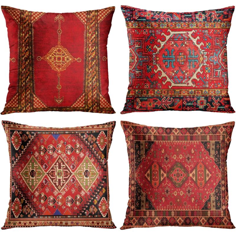 foto del prodotto set di 4 pezzi vintage rosso floreale turco persiano tappeto lino cuscino federa per cuscino da tiro per la casa geometrica persiana kilim