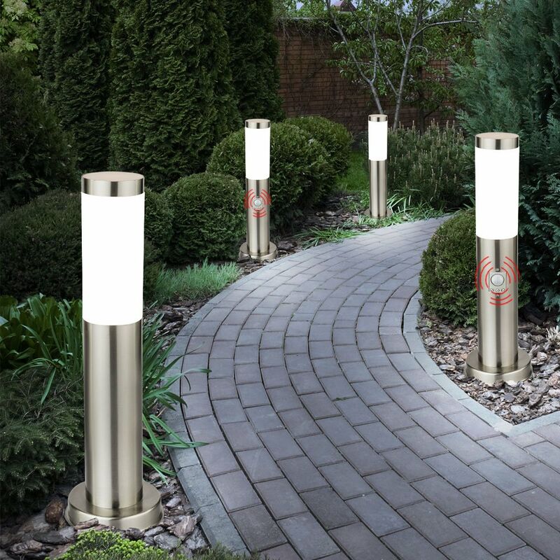 foto del prodotto set di 4 piantane da esterno colonne con rilevatore di movimento lampada da terra in acciaio inox, 1x e27 led 1055 lumen bianco caldo, esterno