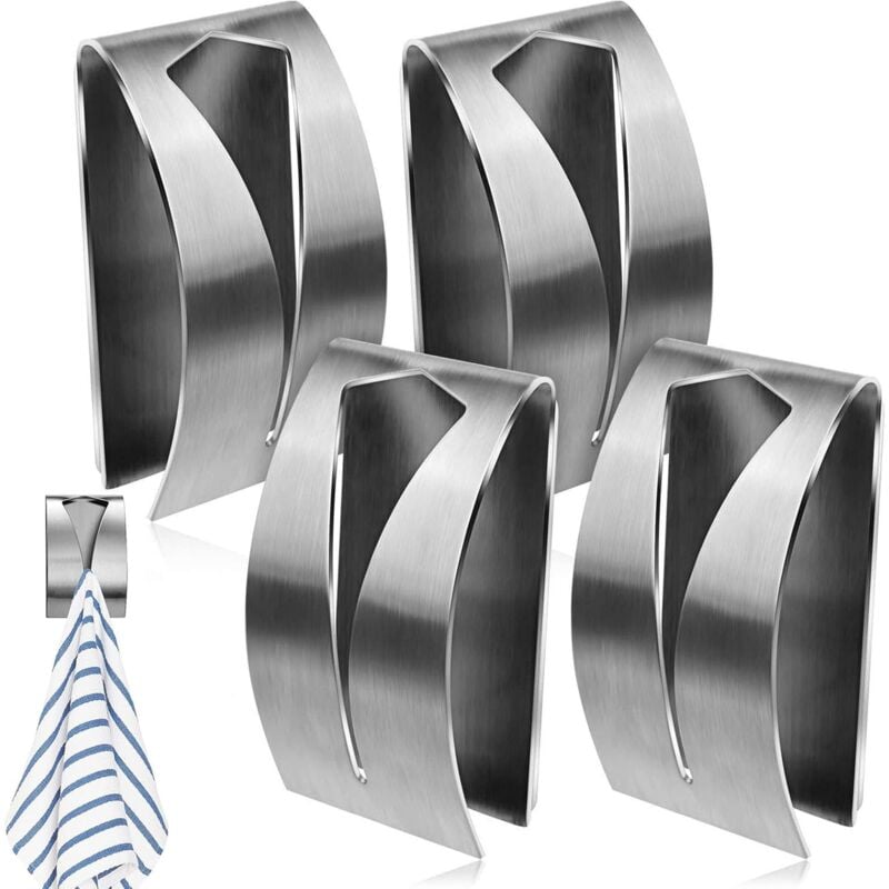 foto del prodotto set di 4 portasciugamani da cucina autoadesivi, ganci per asciugamani da cucina in acciaio inossidabile argento, portasciugamani da parete senza