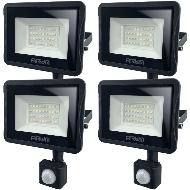foto del prodotto set di 4 proiettori led 30w rilevatore di movimento da esterno nero temp rature de couleur bianco neutro 4000k