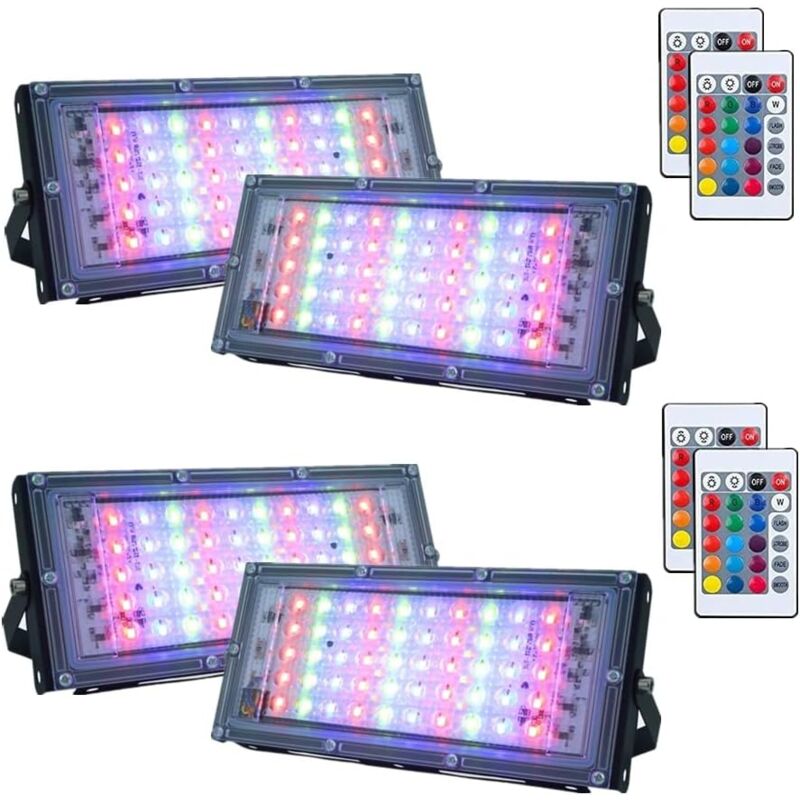 foto del prodotto set di 4 proiettori led rgb da 50 w, impermeabili ip66 con telecomando