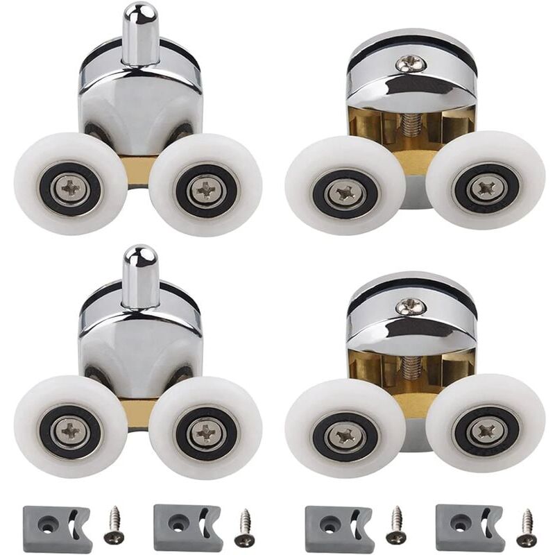 foto del prodotto set di 4 rulli doppi per porta scorrevole doccia, 2 ruote da 23 mm di diametro in lega di zinco per bagno