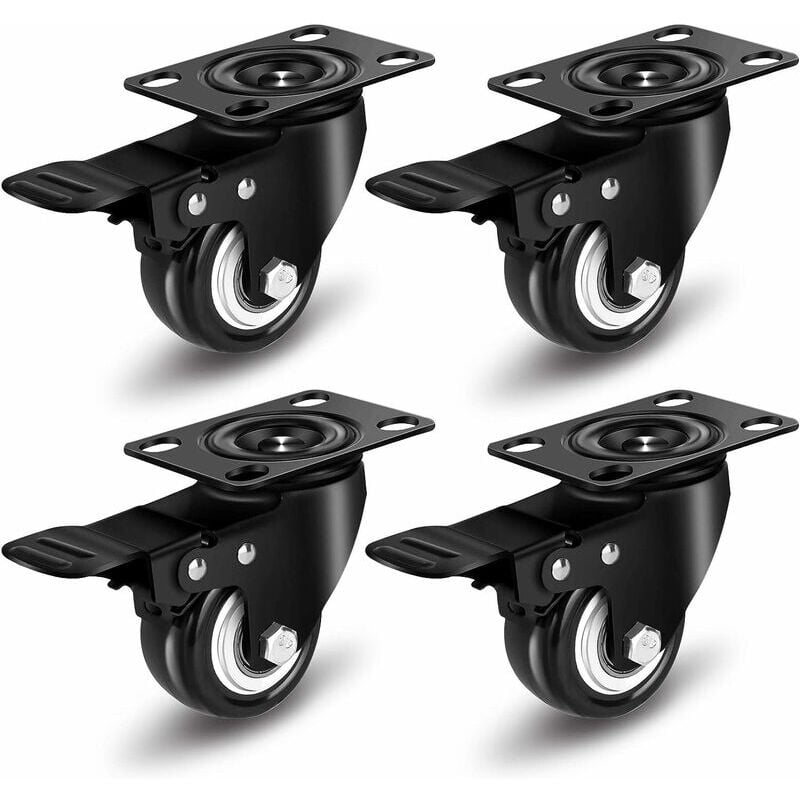 foto del prodotto set di 4 ruote girevoli da 2 50 mm, ruote per mobili, ruote con freno, piastre industriali ruote per mobili nero 