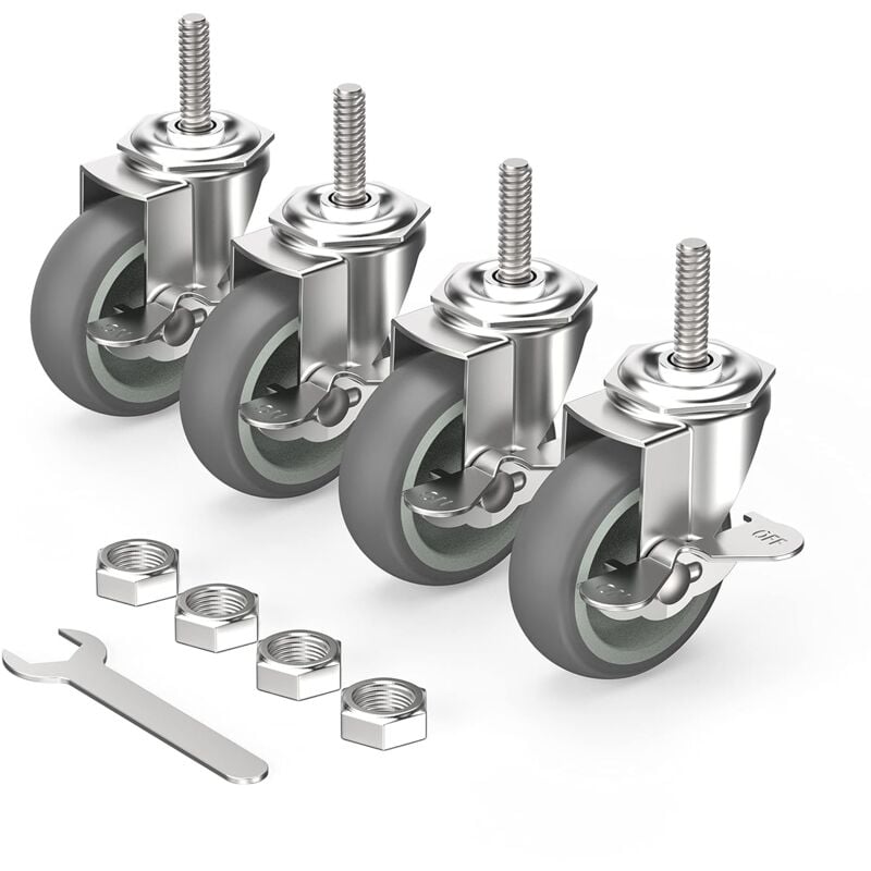 foto del prodotto set di 4 ruote girevoli, rotelle per mobili con albero filettato e freni - 75 mm fino a 250 kg viti m10 x 1,5 x 30 mm