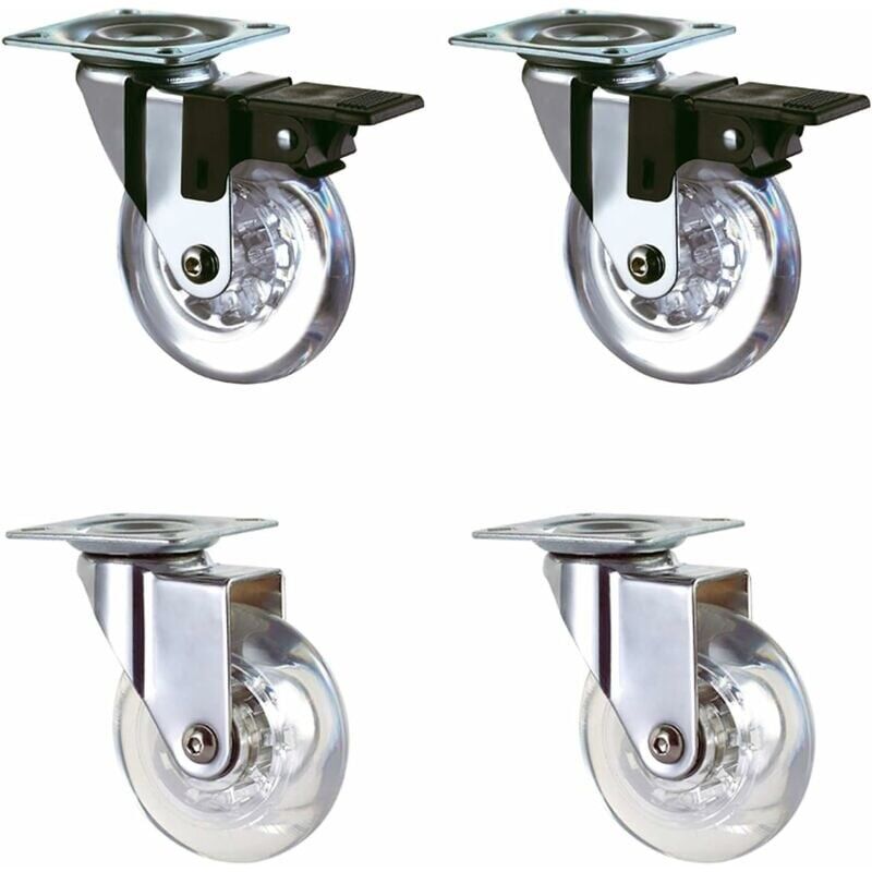 foto del prodotto set di 4 ruote trasparenti da 50 mm con freno per il trasporto, facili da spostare, adatte a tutte le superfici 50 mm , rivestimento in gomma