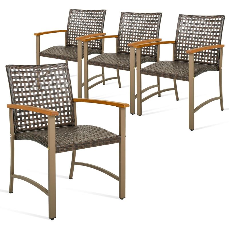 foto del prodotto set di 4 sedie da giardino in rattan, sedie da pranzoper patio con braccioli in legno di acacia, telaio in metallo, poltrone giardino per balcone,