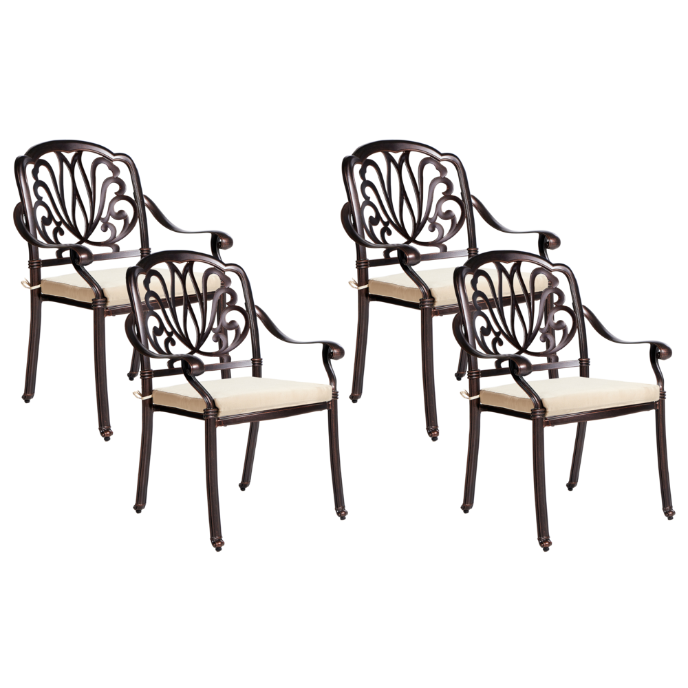 foto del prodotto set di 4 sedie da pranzo da giardino in alluminio marrone con cuscini da esterno vintage