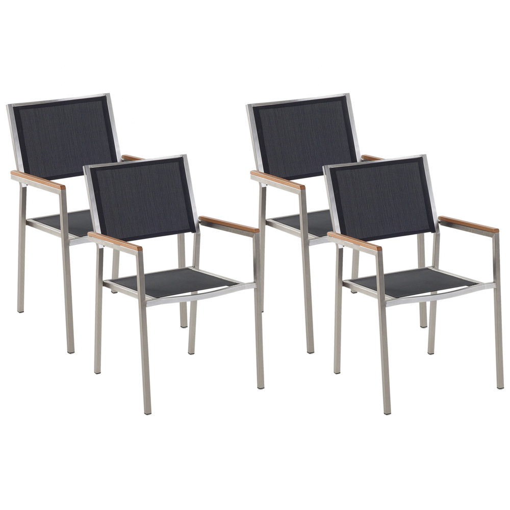 foto del prodotto set di 4 sedie da pranzo da giardino seduta in tessuto nero e argento gambe in acciaio inox impilabili per esterno
