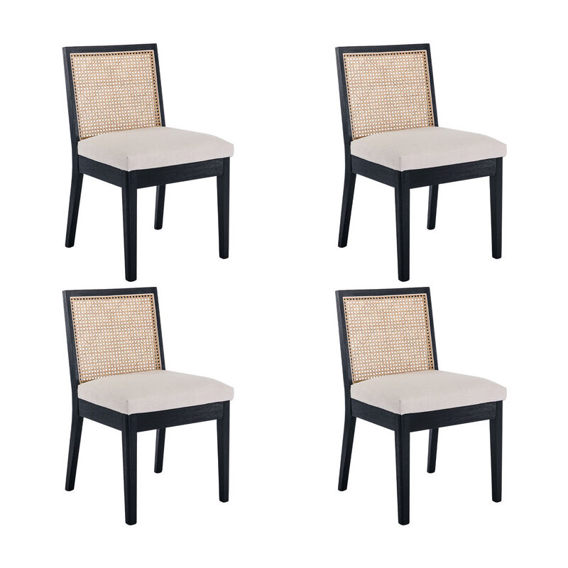foto del prodotto set di 4 sedie da pranzo in tessuto di lino sedie da cucina retr in rattan sedie con gambe in legno per soggiorno, nero