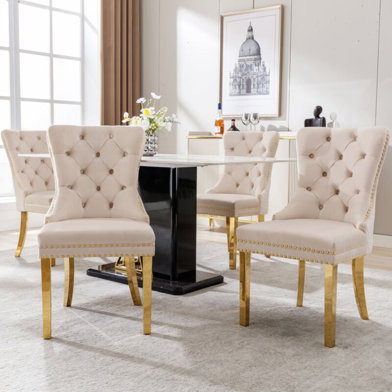 foto del prodotto set di 4 sedie da pranzo in velluto con finiture borchiate, gambe in acciaio inossidabile placcato oro, beige e oro