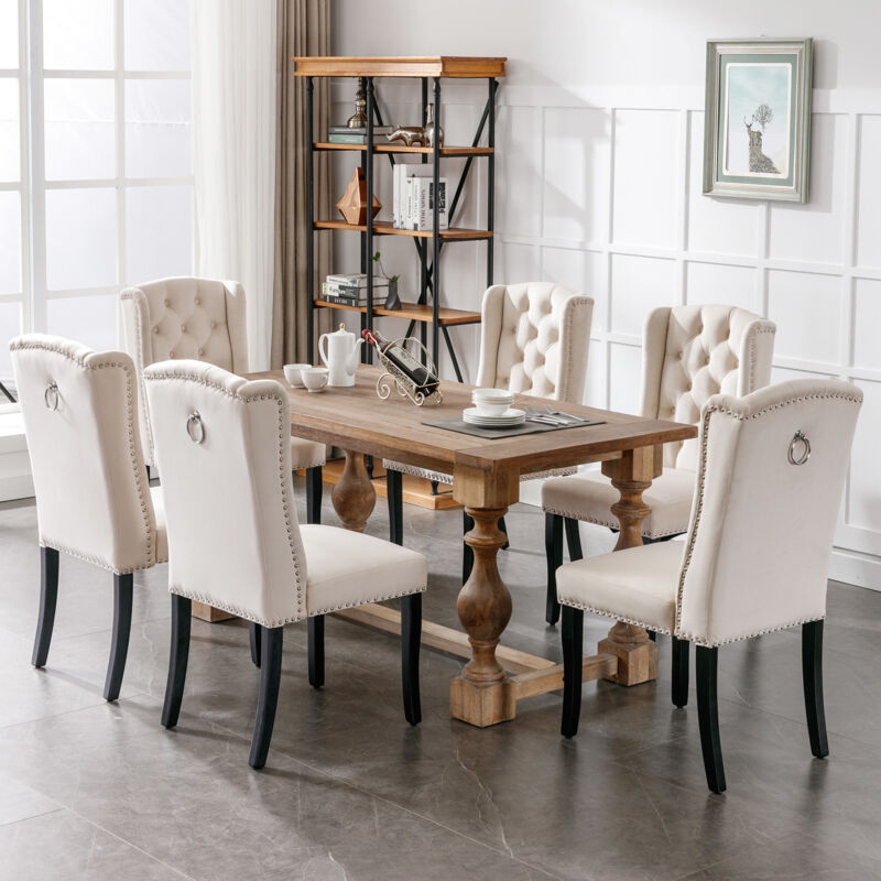 immagine 0 del prodotto set di 4 sedie da pranzo in velluto con gambe in rovere, bottone, battente cromato e rifiniture con borchie, beige