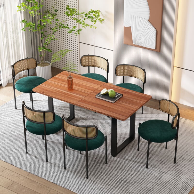 foto del prodotto set di 4 sedie da pranzo in velluto e rattan con gambe in metallo. moderno e semplice per il soggiorno. verde