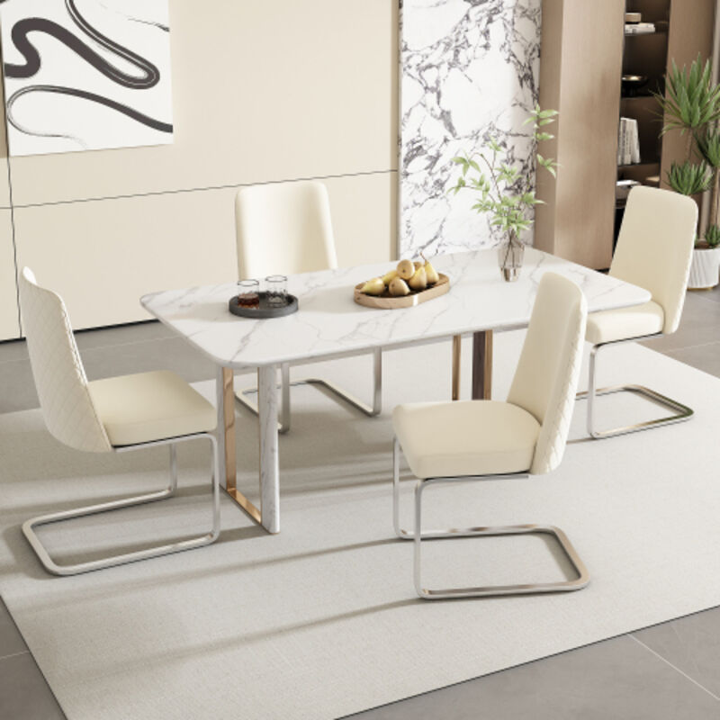 foto del prodotto set di 4 sedie da pranzo in velluto, schienale a diamante, gambe di supporto in metallo argentato, beige