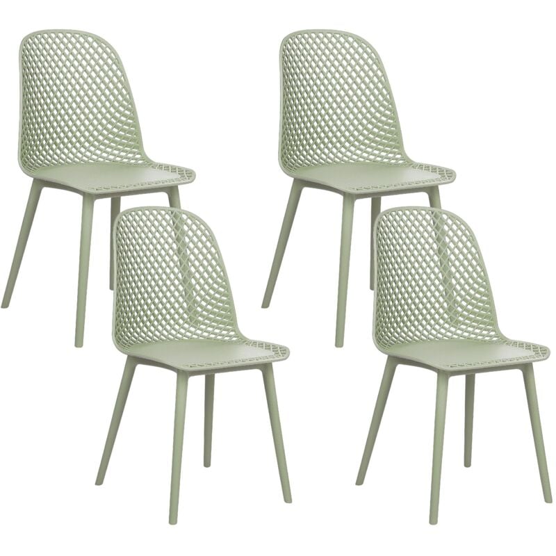 foto del prodotto set di 4 sedie da pranzo moderne e minimaliste seduta sintetica verde chiaro gambe a rete schienale aperto emory