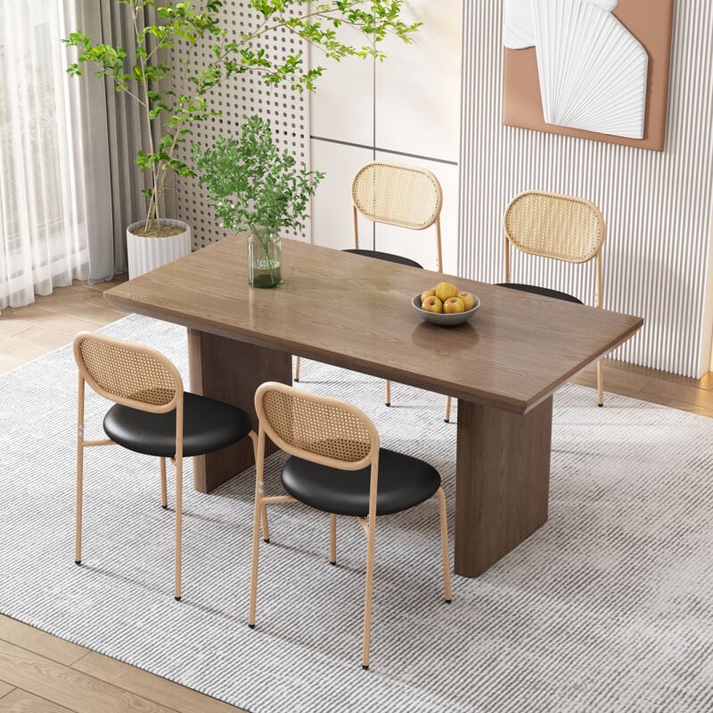 foto del prodotto set di 4 sedie da pranzo moderne in rattan con 4 gambe di supporto in metallo, nere e marroni