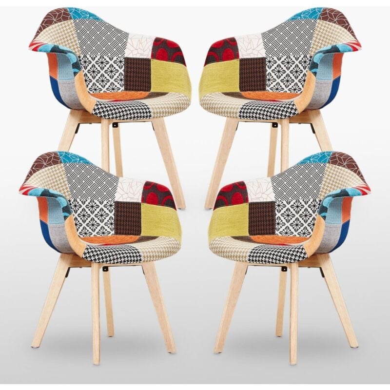 immagine 0 del prodotto set di 4 sedie da pranzo patchwork tub con bracciolo imbottitura in tessuto con gambe in legno sedia da pranzo multicolore