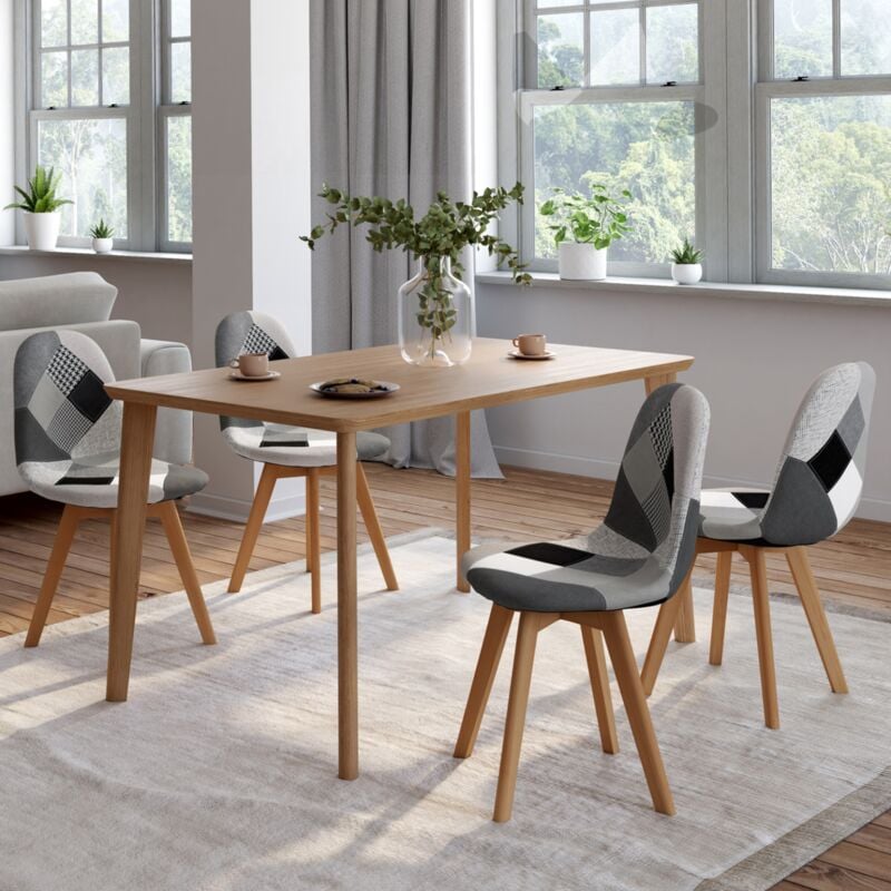 foto del prodotto set di 4 sedie da pranzo scandinavo con motivo patchwork nero, grigio y bianco sara