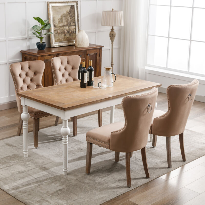 foto del prodotto set di 4 sedie da pranzo. sedia da cucina. in velluto. dimensioni 53,5 x 64 x 95 cm. marrone chiaro