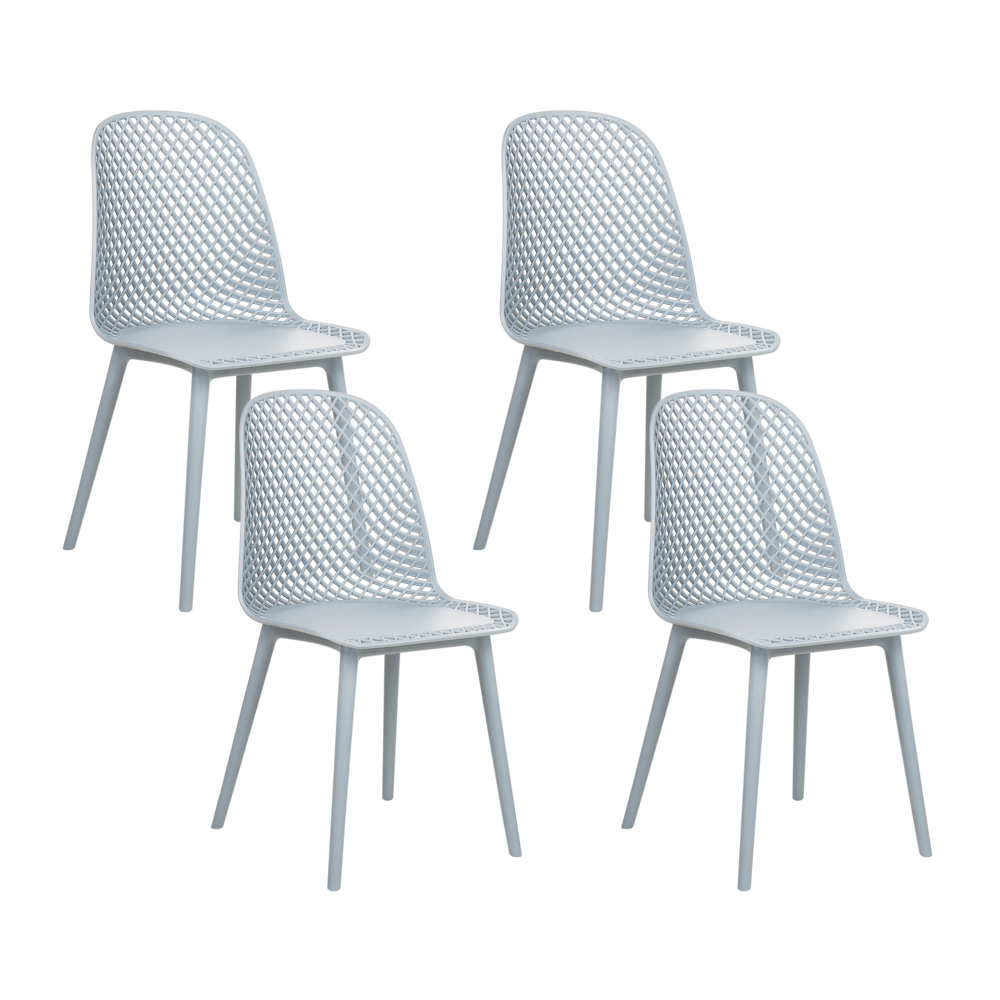 foto del prodotto set di 4 sedie da pranzo seduta e gambe sintetiche blu chiaro schienale a rete aperto design moderno e minimalista