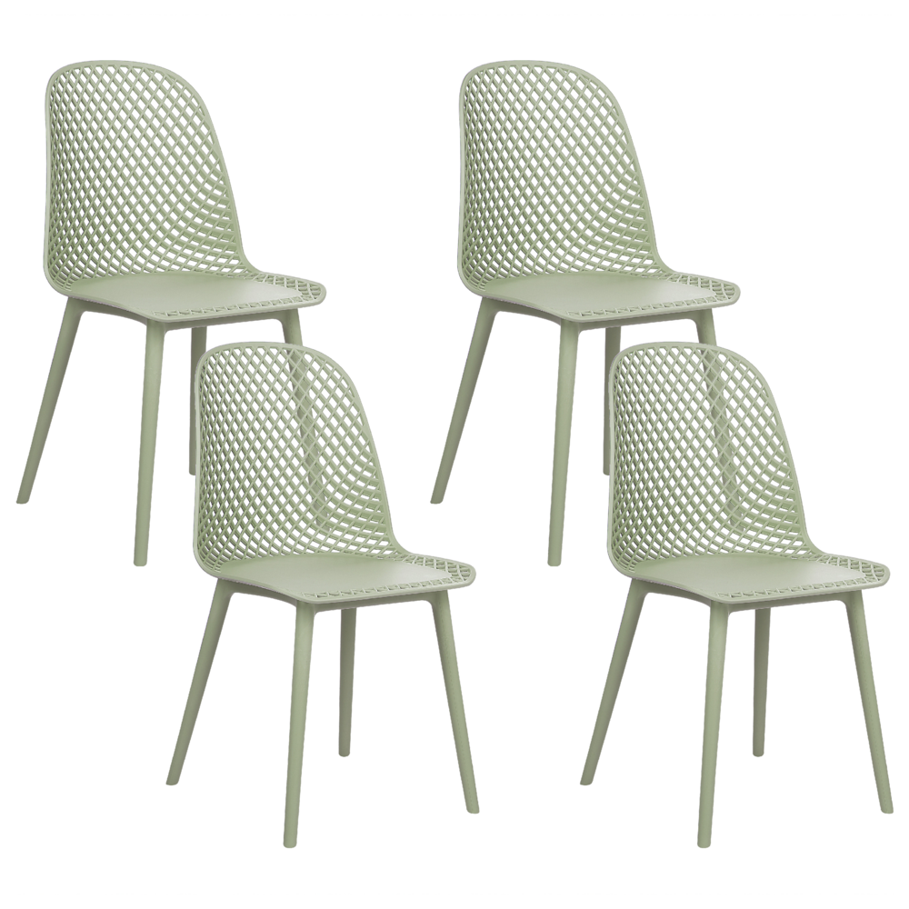 foto del prodotto set di 4 sedie da pranzo seduta e gambe sintetiche verde chiaro schienale a rete aperto design moderno e minimalista