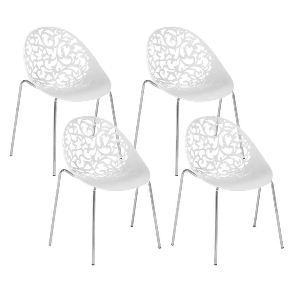 foto del prodotto set di 4 sedie in plastica bianca schienale decorativo traforato