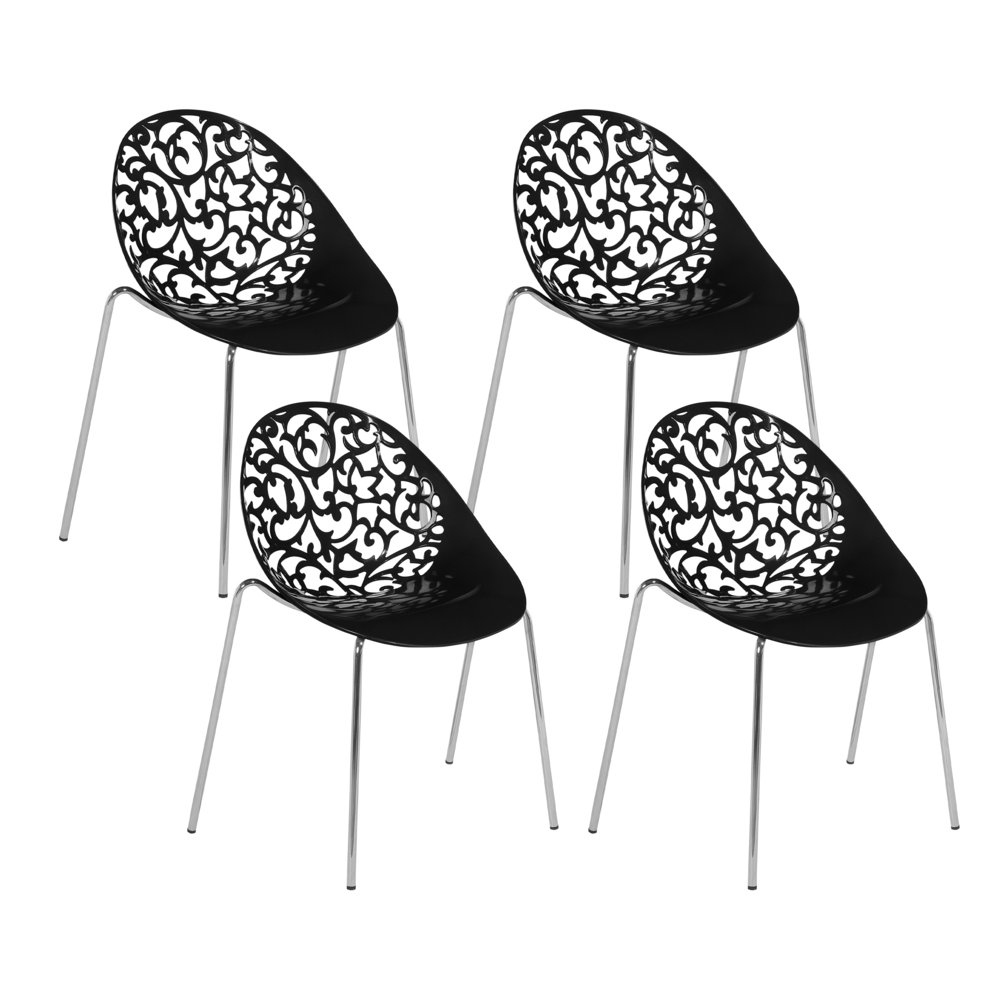 foto del prodotto set di 4 sedie in plastica nera schienale decorativo traforato soggiorno sala da pranzo cucina
