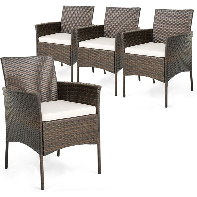 foto del prodotto set di 4 sedie in rattan da giardino, sedie da pranzo in rattan pe con morbidi cuscini per sedili, robusto telaio in metallo, braccioli curvi,