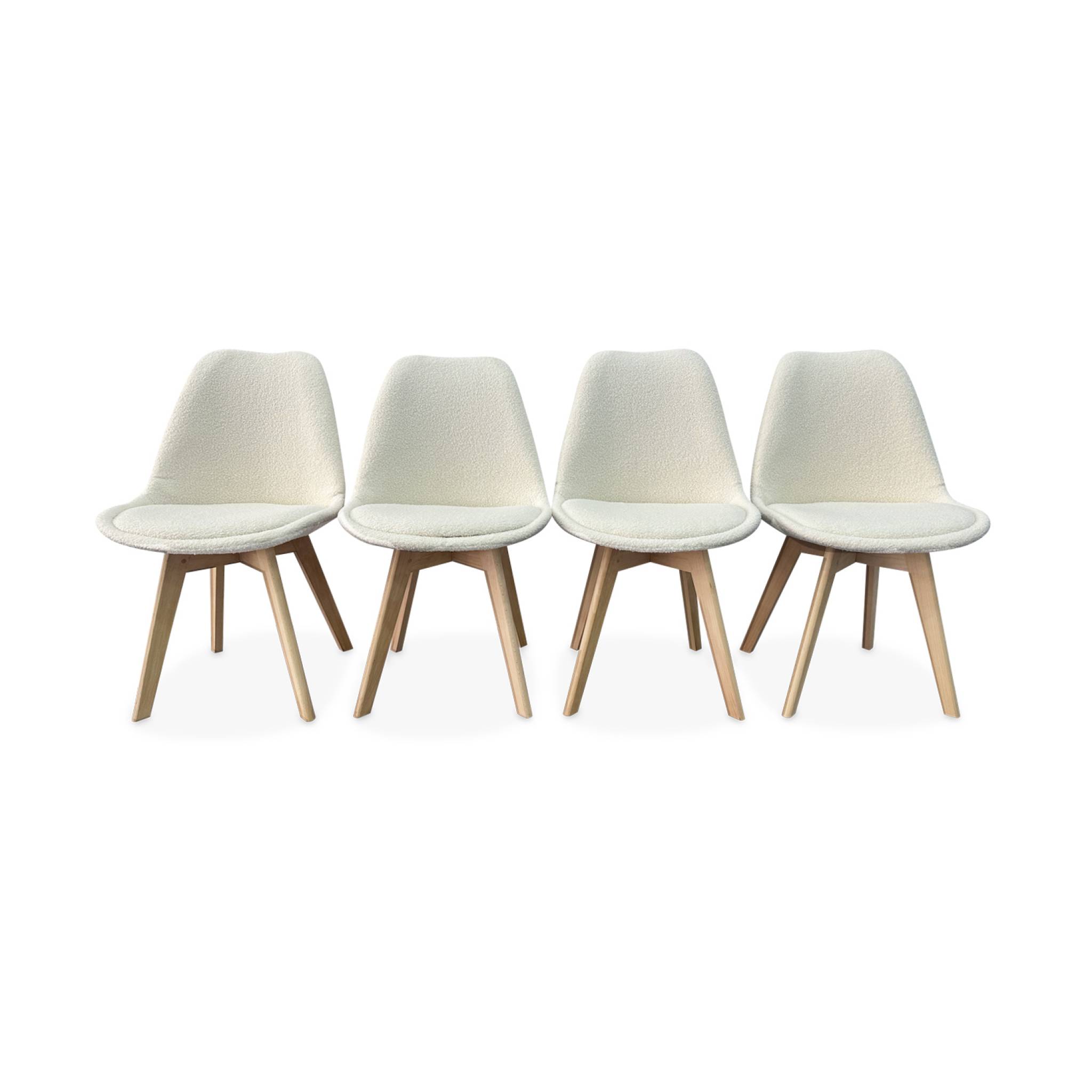 foto del prodotto set di 4 sedie scandinave boucl , gambe in legno, bianco