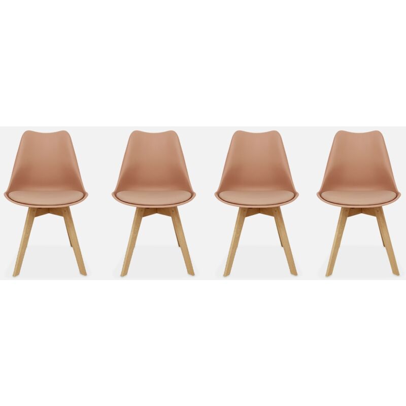 foto del prodotto set di 4 sedie scandinave imbottite, con gambe in legno per sala da pranzo