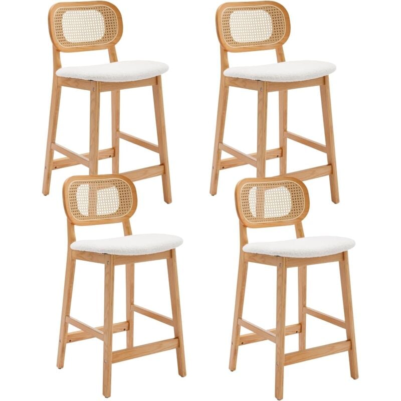 foto del prodotto set di 4 sgabelli bar in rattan sgabelli cucina imbottite con cuscino in tessuto sherpa sedia da bar retr sgabelli alti con gambe in legno, beige