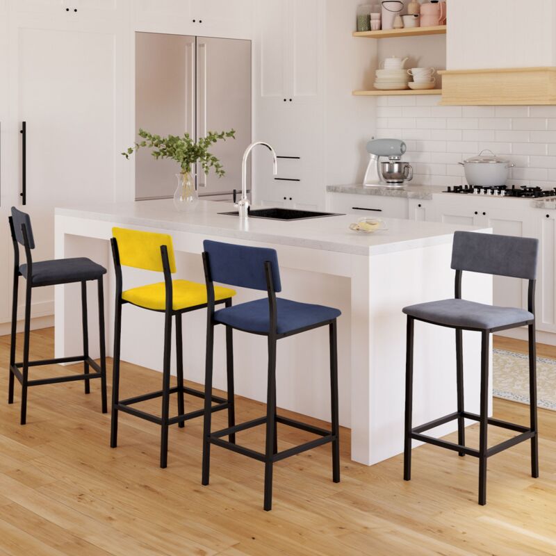 foto del prodotto set di 4 sgabelli da bar aubin con schienale sedia da cucina in velluto misto colore blu, grigio chiaro, grigio scuro, giallo