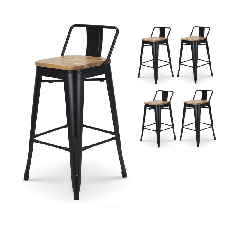 foto del prodotto set di 4 sgabelli da bar in metallo nero opaco in stile industriale con schienale e seduta in legno chiaro altezza 66 cm
