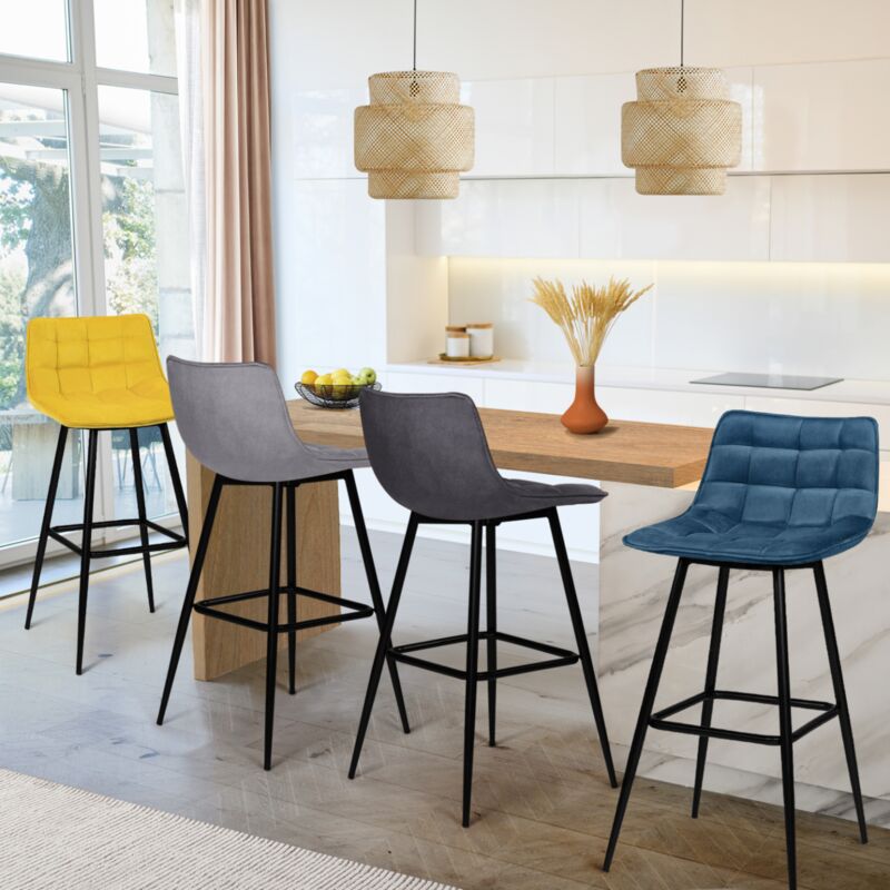 foto del prodotto set di 4 sgabelli da bar in velluto blu, grigio chiaro, grigio scuro, giallo mady