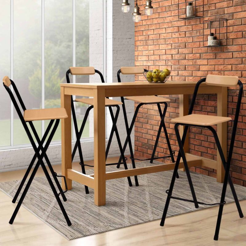 foto del prodotto set di 4 sgabelli da bar pieghevoli detroit con struttura nera e seduta effetto legno dal design industriale