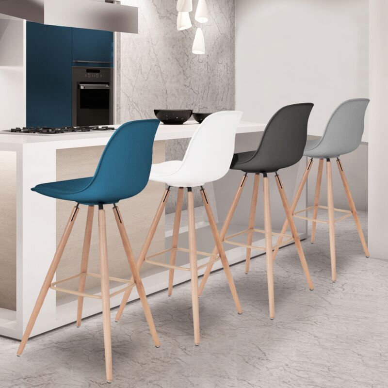 foto del prodotto set di 4 sgabelli da bar sara grigio scuro, grigio chiaro, bianco e blu anatra