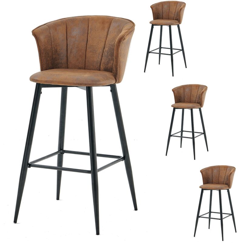 foto del prodotto set di 4 sgabelli da bar, sedia imbottita in pelle scamosciata marrone con braccioli, schienale e poggiapiedi, seduta da cucina alta 77 cm, stile
