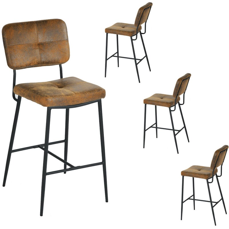 foto del prodotto set di 4 sgabelli da bar vintage retr seduta imbottita alta 69 cm seggioloni in pelle scamosciata gambe e poggiapiedi in metallo nero