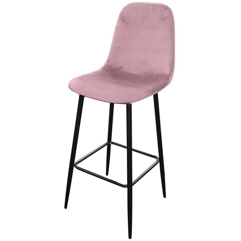 foto del prodotto set di 4 sgabelli loly, seduta e schienale in velluto rosa, struttura in metallo nero.
