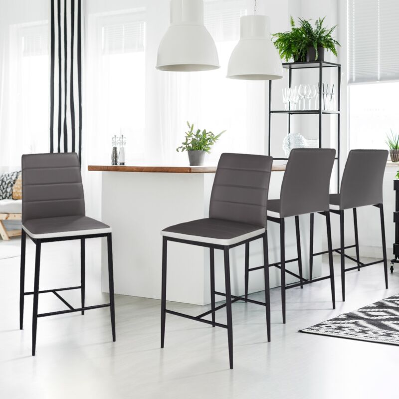 foto del prodotto set di 4 sgabelli romane in pvc grigio con fasce bianche, sedie da bar imbottite
