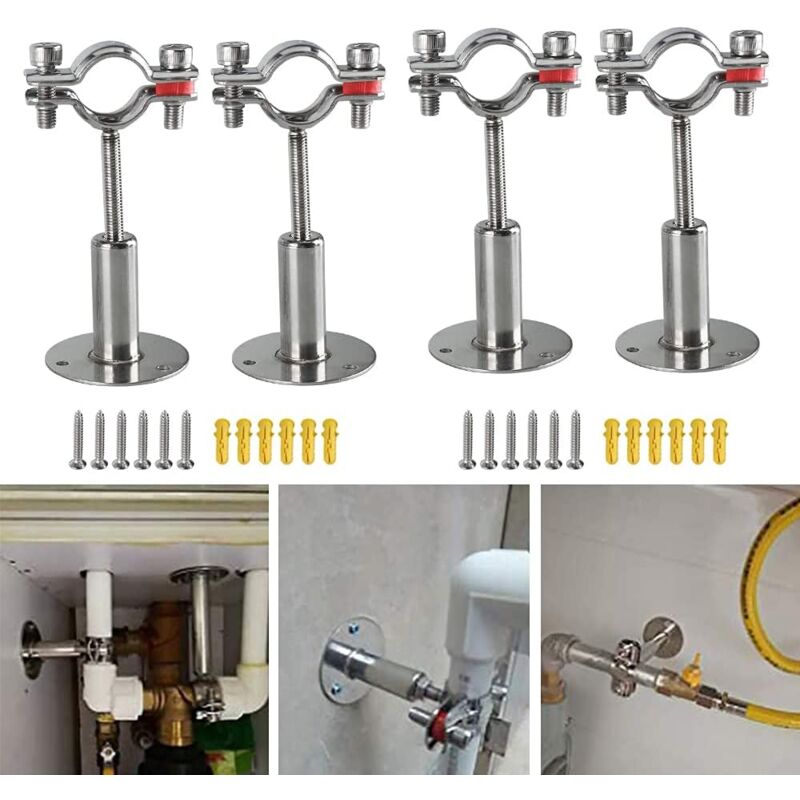foto del prodotto set di 4 supporti regolabili per tubi in acciaio inox diametro 19 22 mm, supporto da parete robusto e stabile per il fissaggio di tubi, flessibili