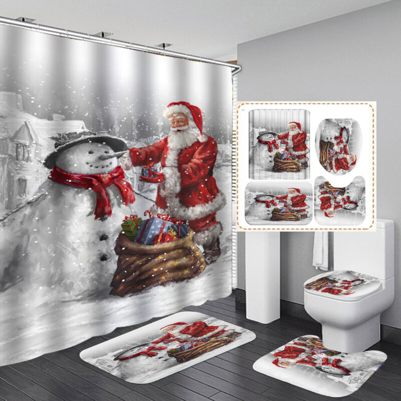 foto del prodotto set di 4 tende da bagno merry christmas, babbo natale, tenda da doccia impermeabile, copriwater, tappetino antiscivolo, decorazione per la casa