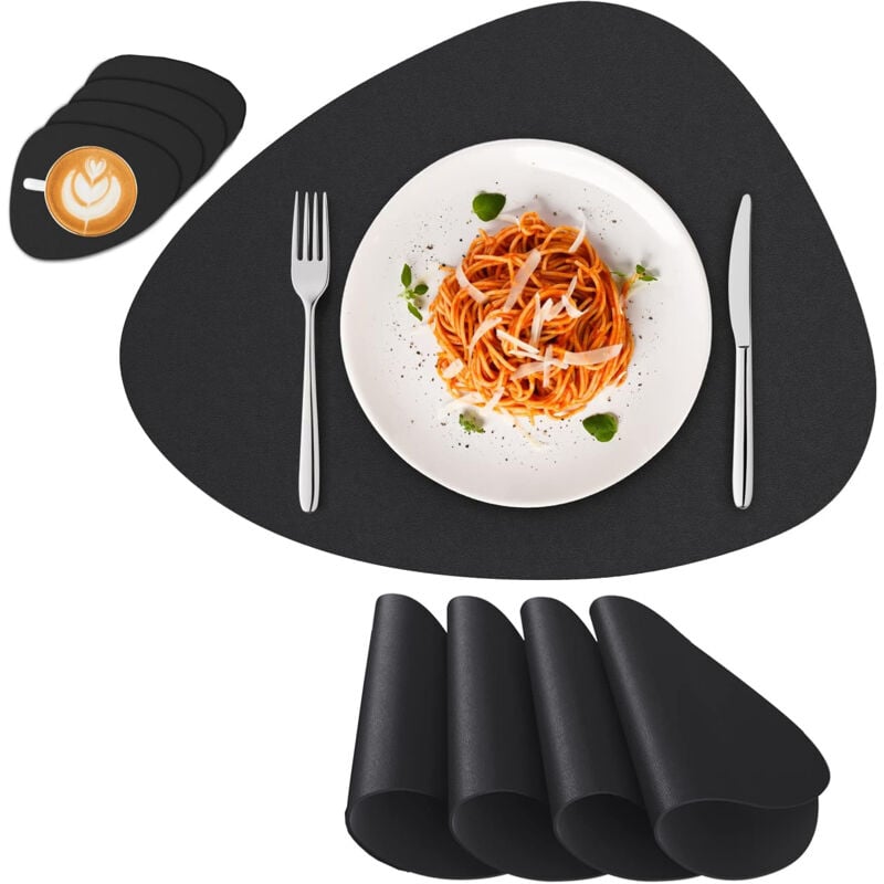 foto del prodotto set di 4 tovagliette e sottobicchieri, tovagliette in pelle antiscivolo impermeabili a doppia faccia nero
