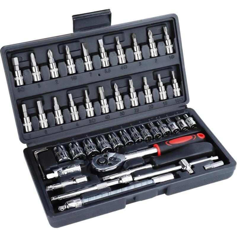 foto del prodotto set di 46 bussole da 1 4 in acciaio al cromo vanadio, kit di riparazione con punta per cacciavite, chiave esagonale, cricchetto reversibile per
